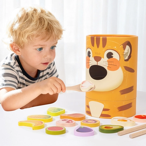 Gioco di Alimentazione in Legno Giocattolo Educativo Tema Tigre Allenamento Motricità Fine Con Cucchiaio Bacchette per Bambini