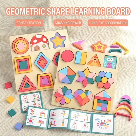 Montessori Wooden Geometric Shape Puzzle For Toddlers Colorful 3D Educational Learning Blocks Board Toy For Kids Preschool Shape Color Recognition
