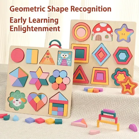 Montessori Wooden Geometric Shape Puzzle For Toddlers Colorful 3D Educational Learning Blocks Board Toy For Kids Preschool Shape Color Recognition