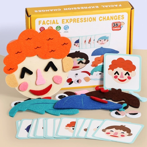 DIY Facial Expression Change Felt Puzzle Toy For Kids Early Educational Manual Motor Skills Training Wood Felt Board Toy
