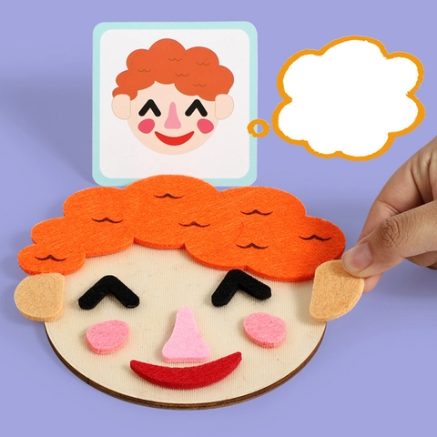 DIY Facial Expression Change Felt Puzzle Toy For Kids Early Educational Manual Motor Skills Training Wood Felt Board Toy