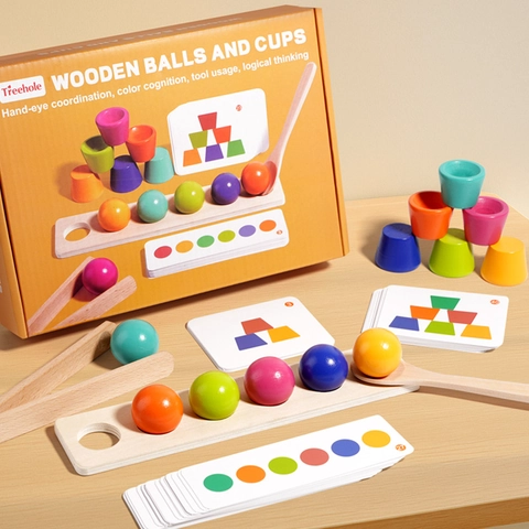 Montessori Wooden Color Matching Ball Stacking Cup Toys For Toddlers Fine Motor Skills Training Educational Teaching Aids