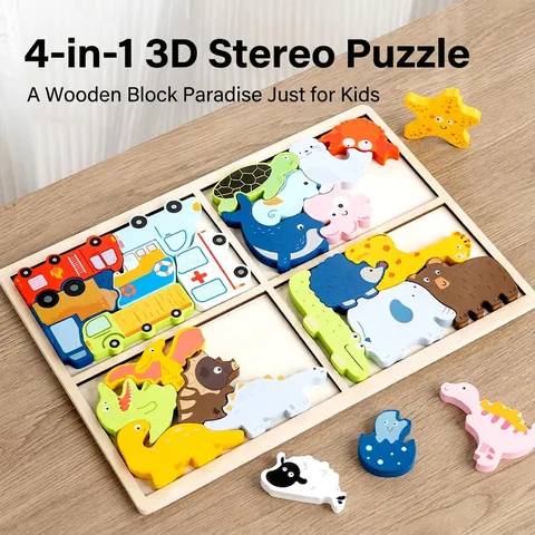 Tavola Puzzle 3D in Legno per Bambini 4-In-1 Giocattolo Educativo Apprendimento Precoce Animali Veicoli Dinosauri Blocchi Spessi Montessori