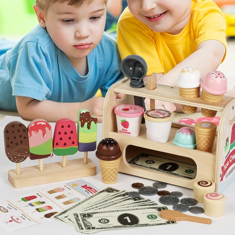 Set di Giocattoli in Legno per Bancone del Gelato per Bambini Montessori Giocattoli Educativi da Cucina Con Palette e Soldi
