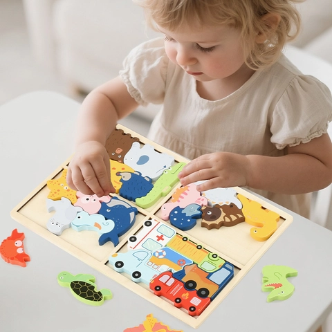 Tavola Puzzle 3D in Legno per Bambini 4-In-1 Giocattolo Educativo Apprendimento Precoce Animali Veicoli Dinosauri Blocchi Spessi Montessori