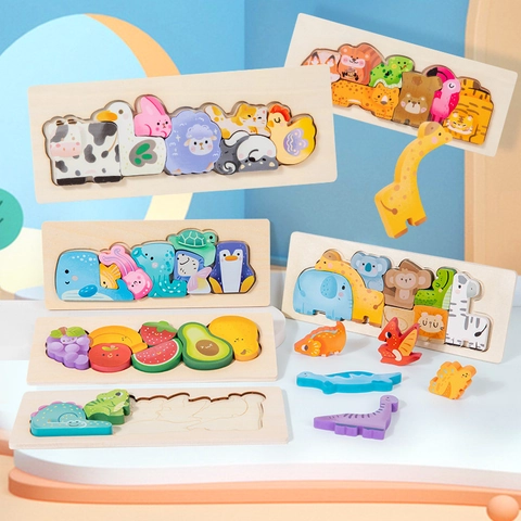 Puzzle in Legno per Bambini Giocattolo Educativo Montessori Cartone Animato Animale Frutta Dinosauro Abbinamento Forme Bambini