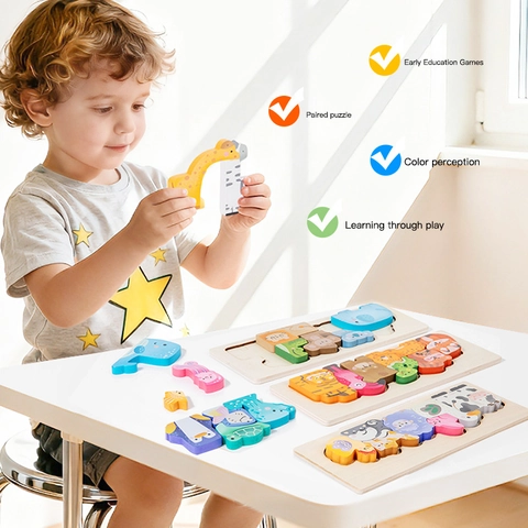 Puzzle in Legno per Bambini Giocattolo Educativo Montessori Cartone Animato Animale Frutta Dinosauro Abbinamento Forme Bambini