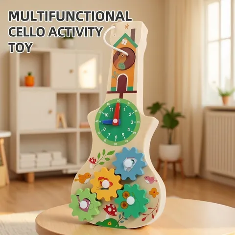Giocattolo Montessori Busy Board in Legno Per Bambini Orologio Didattico e Ingranaggi Forma di Violino Giocattolo Educativo