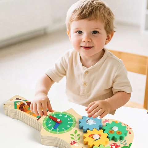 Giocattolo Montessori Busy Board in Legno Per Bambini Orologio Didattico e Ingranaggi Forma di Violino Giocattolo Educativo