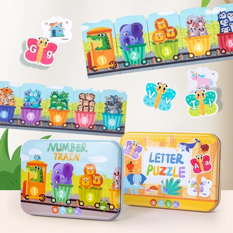 Educational Wooden Alphabet Number Pairing Puzzle Toy Tin Box For Toddlers Early Cognitive Development Cartoon Animal Design