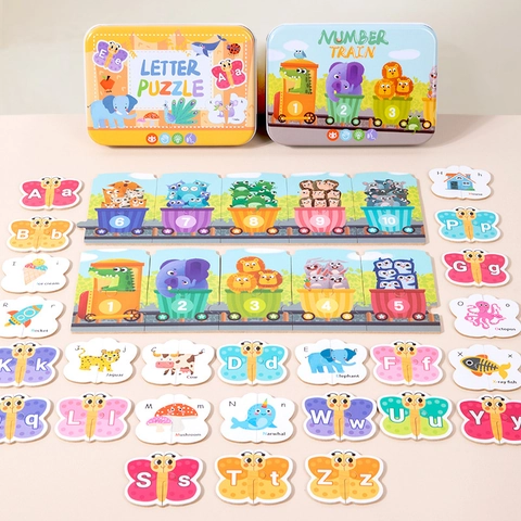 Educational Wooden Alphabet Number Pairing Puzzle Toy Tin Box For Toddlers Early Cognitive Development Cartoon Animal Design