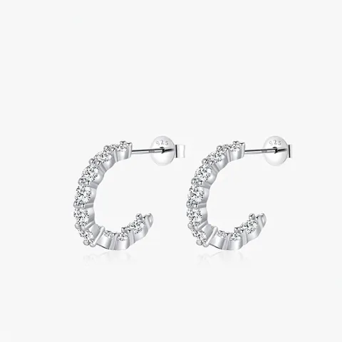 925 Sterling Silver Moissanite C-Shaped Stud Earrings D Color VVS1 Elegant French Vintage Semi-Hoop Earrings Jewelry Gift
