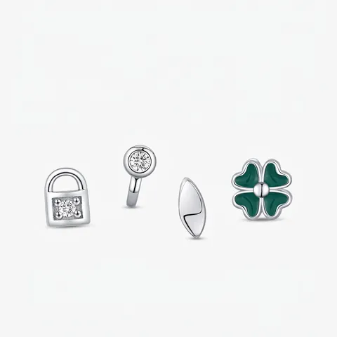 925 Sterling Zilveren Oorknopjes Set Klavertje Vier Sleutel Slot Blad Zirconia Groen Emaille Hypoallergeen Sieraden Voor Dames