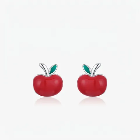 Cute S925 Sterling Silver Red Apple Stud Earrings For Women Forest Style Green Leaf Enamel Fruit Earrings Christmas Jewelry Gift