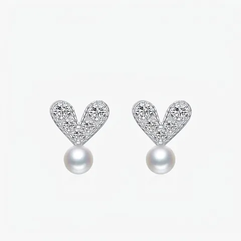 Orecchini a Bottone con Perno in Argento Sterling 925 Cuore Perla Zirconia Intarsiato Dolce Elegante Gioielli Donna Matrimonio