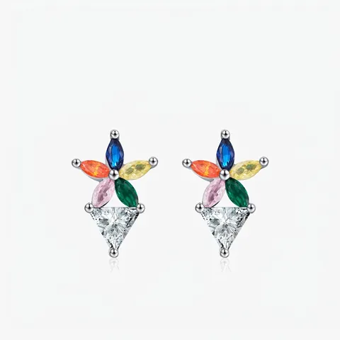 Orecchini a Bottone a Forma di Fiore Arcobaleno in Argento Sterling 925 Con Zirconia Colorati Intarsiati Gioielli Geometrici per Donna
