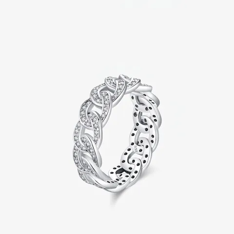 Punk Style 925 Sterling Silver Cuban Link Chain Ring For Women Cubic Zirconia Pave Statement Ring Fashion Jewelry Gift