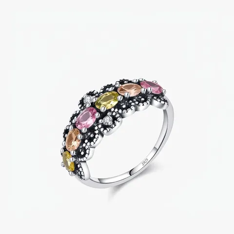 Vintage 925 Sterling Silver Ring For Women Multi Color Rhinestone Inlaid Elegant Distressed Geometric Band Jewelry Gift