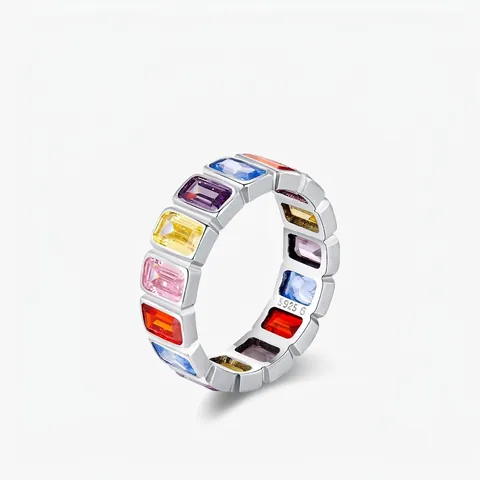 S925 Sterling Silver Rainbow Ring For Women Baguette Cut Colorful Cubic Zirconia Inlaid Stackable Geometric Band Jewelry