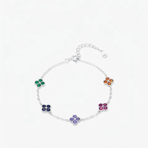 Pulsera de Trébol de Cuatro Hojas de Plata de Ley 925 para Mujer Diamantes de Imitación Arco Iris Ajustable Joyería Flor Suerte