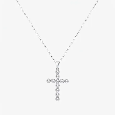 Collana con Pendente a Croce in Argento Sterling 925 per Donna con Perle Artificiali Elegante Girocollo di Design di Nicchia