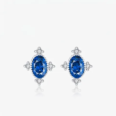 Orecchini a Bottone in Argento Sterling 925 Vintage Blu Reale Ovali Zirconia per Donna Raffinati Strass Intarsiati Gioielli Moda