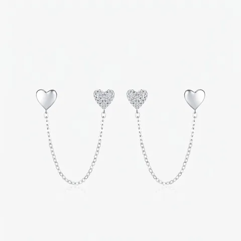925 Sterling Silver Elegant Asymmetrical Heart Long Chain Earrings Zirconia Inlaid Jewelry For Women Minimalist Style