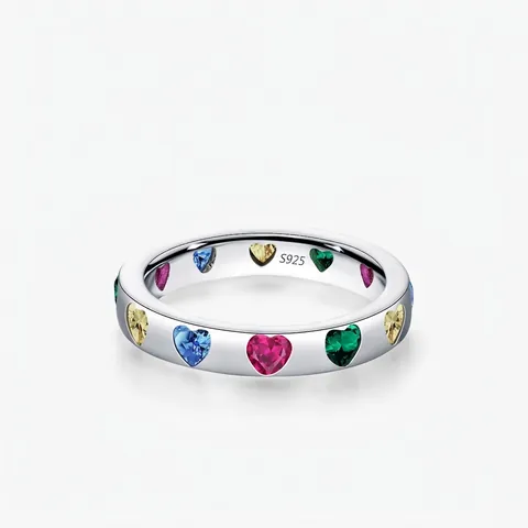 925 Sterling Silver Heart Ring Colorful Cubic Zirconia Inlaid Candy Color Korean Style Fashion Sweet Finger Ring For Women Jewelry