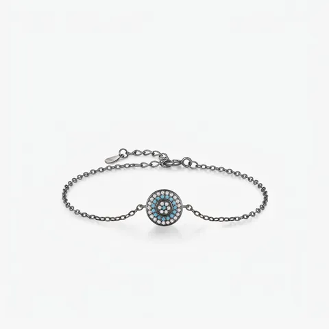 Vintage S925 Sterling Silver Evil Eye Bracelet For Women Retro Gun Black Synthetic Turquoise Zirconia Adjustable Chain Jewelry