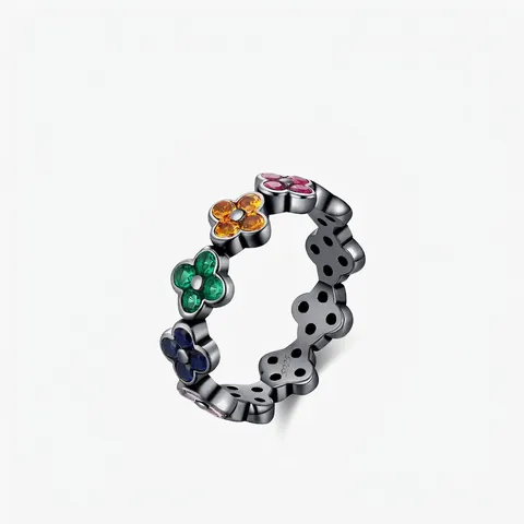 S925 Sterling Silver Rainbow Four Leaf Clover Eternity Ring For Women Gunmetal Black Rhinestone Inlaid Band Fashion Jewelry