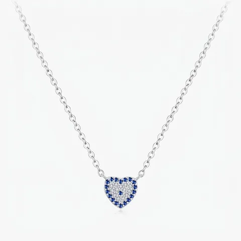 925 Sterlingsilber Herz Halskette Blau Weiß Zirkonia Pavé Anhänger Für Damen Elegant Süß Mode Schmuck Schlüsselbein