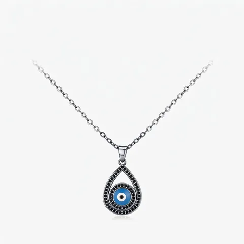 Collana con Ciondolo Malocchio in Argento Sterling 925 Zirconia Blu Forma a Goccia Catena Galvanizzata Nera Gioielli Donna