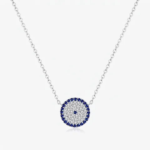 Collana Malocchio in Argento Sterling S925 Vintage per Donna Pendente Tondo Zirconia Occhio Blu Pavé Catena Clavicola Gioielli