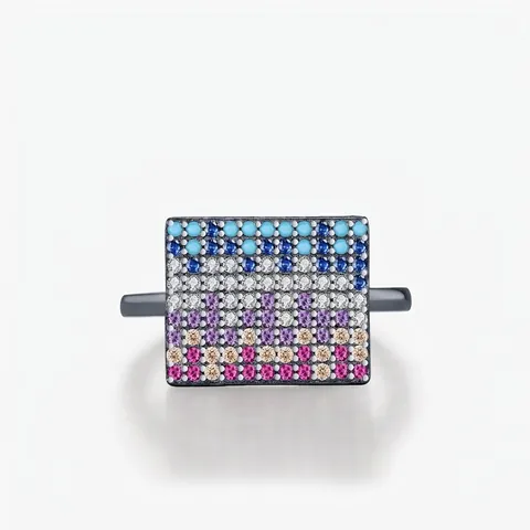 925 Sterlingsilber Ring Für Damen Rechteckiges Design Bunte Zirkonia Pavé Schwarz Vergoldet Mode Schmuck Geschenk