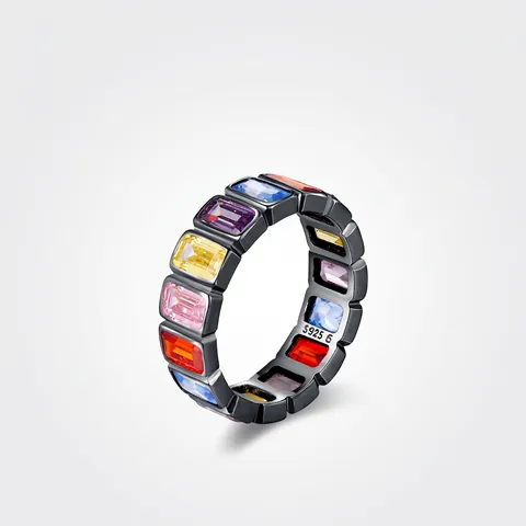 925 Sterlingsilber Regenbogen Zirkonia Ring Für Damen Luxus Schwarzgold Galvanisierter Eternity-Ring Vintage Punk Gothic Schmuck