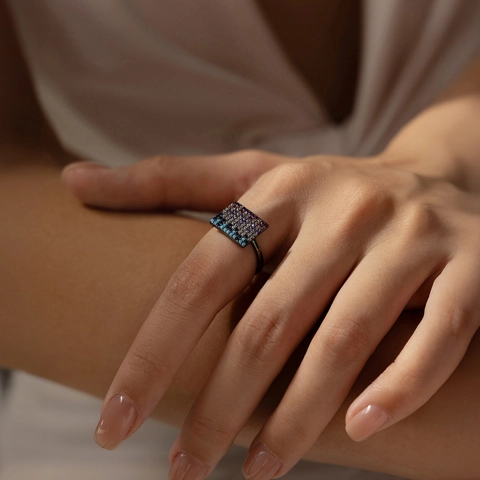 925 Sterlingsilber Ring Für Damen Rechteckiges Design Bunte Zirkonia Pavé Schwarz Vergoldet Mode Schmuck Geschenk