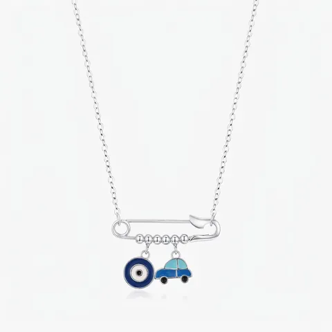 925 Sterling Silver Safety Pin Pendant Necklace Blue Evil Eye And Car Enamel Charms For Women Personalized Chic Jewelry