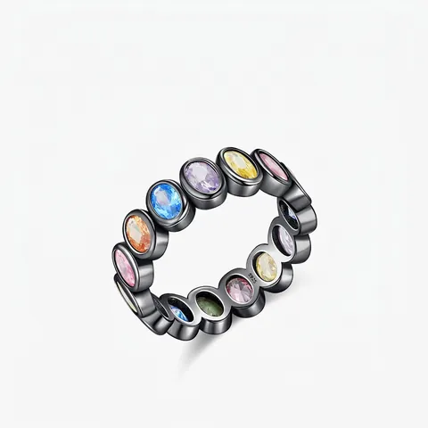 S925 Sterling Silver Colorful Rhinestone Eternity Ring Black Gold Plated Geometric Band For Women Personality Jewelry