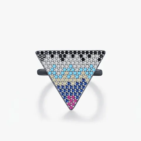 925 Sterling Silver Inverted Triangle Ring Multicolor Pave Zirconia Geometric Finger Ring Luxury Cool Jewelry For Women