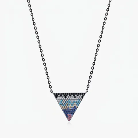 Collier Pendentif Triangle Inversé en Argent Sterling 925 pour Femmes Bijoux Incrustés de Zirconia Multicolore Style Pixel Rétro