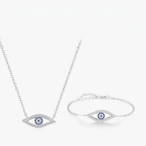 Set di Gioielli Malocchio in Argento Sterling 925 da Donna Ciondolo Occhio Cavo Zirconia Collana Bracciale Regolabile Regalo