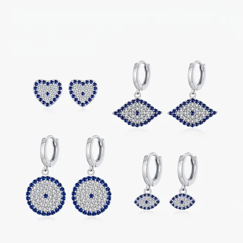 925 Sterling Zilveren Boze Oog Oorbellen Voor Vrouwen Blauw Wit Zirconia Hart Geometrische Knop Druppel Creolen Sieraden