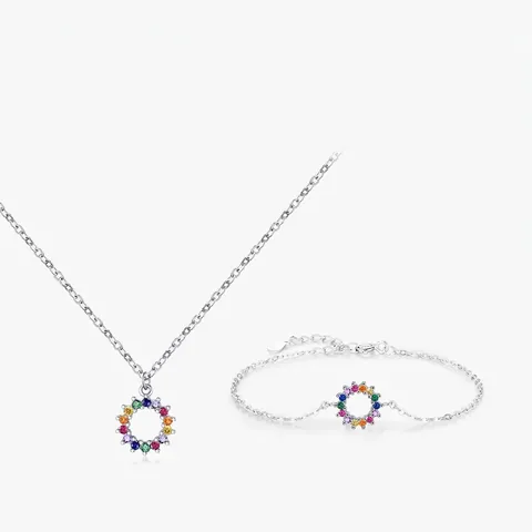Collar Y Pulsera De Plata De Ley 925 Con Colgante De Circonita Redonda De Arco Iris Joyería De Moda Minimalista Colorida Para Mujer