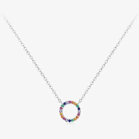 Collar con Colgante de Círculo de Arcoíris de Plata de Ley S925 para Mujer con Circonia de Colores Incrustada