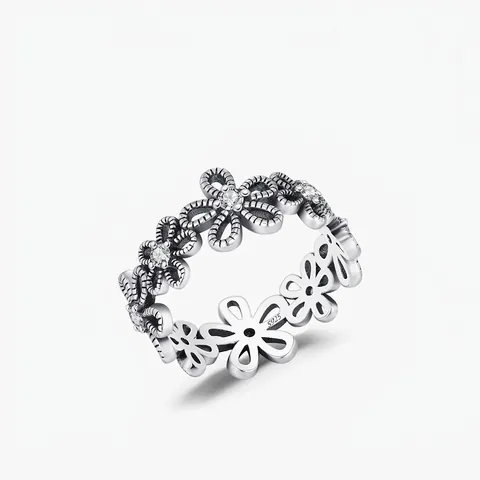 S925 Sterlingsilber Vintage Distressed Gänseblümchen Blumen Ring Für Damen Nischen Design Hohl Eingelegte Zirkonia Band Ring Schmuck