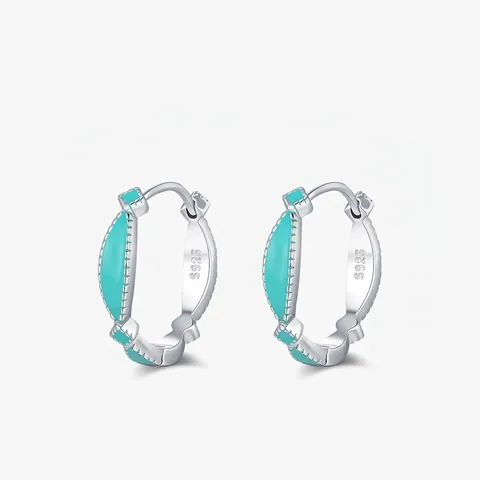Pendientes de Aro de Plata de Ley S925 con Esmalte para Mujer Verde Menta Geométrico con Strass Incrustado Joyería Estilo Ins