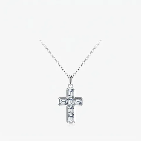 Collar con Colgante de Cruz de Plata de Ley 925 para Mujer Cadena de Clavícula de Lujo Ligero con Strass Baguette