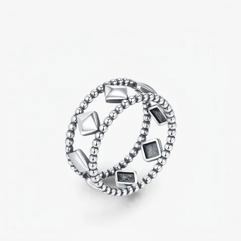 925 Sterling Silver Geometric Rhombus Ring For Women Minimalist Distressed Design Fashion Beads Open Finger Ring Jewelry Gift