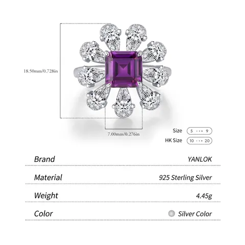 Elegant 925 Sterling Silver Violet Zirconia Flower Ring Luxurious Square Stone Floral Finger Ring Jewelry For Women