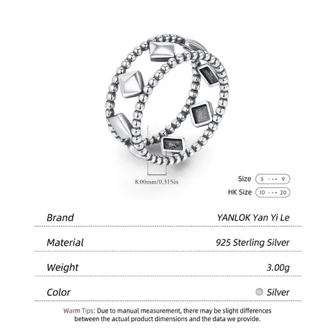 925 Sterling Silver Geometric Rhombus Ring For Women Minimalist Distressed Design Fashion Beads Open Finger Ring Jewelry Gift
